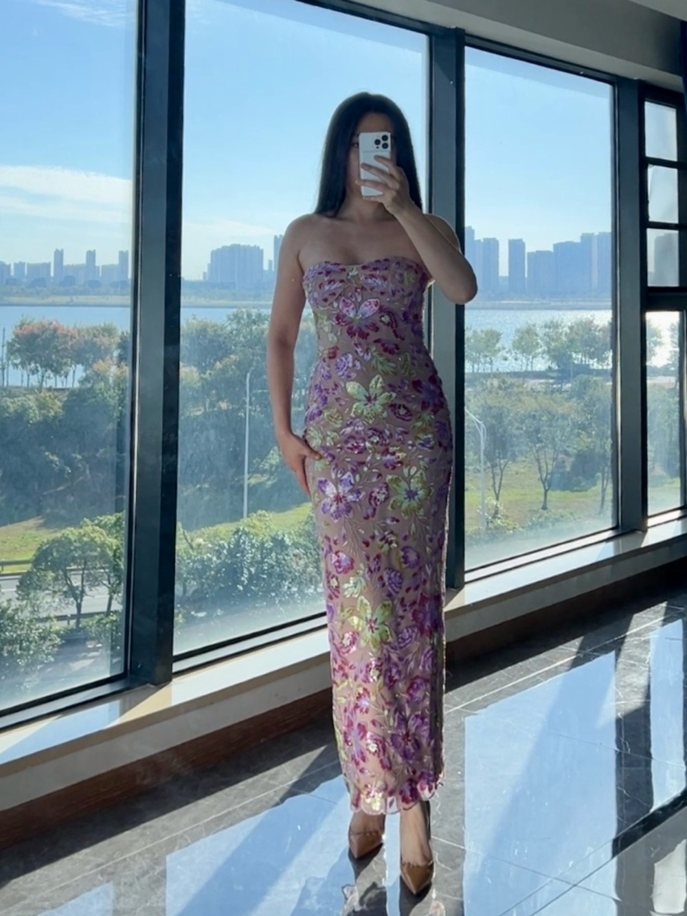 Bronx & Banco Dahlia Embroidery Sequin Strapless Maxi Dress in Pink Green Multi